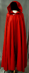 Cloak:2418, Cloak Style:Full Circle Cloak, Cloak Color:Red, Fiber / Weave:Light weight wool gabardine, Cloak Clasp:Fleur de Lis, Hood Lining:Unlined, Back Length:51.5", Neck Length:21", Seasons:Summer, Spring, Fall.