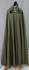 Cloak:2438, Cloak Style:Full Circle Cloak, Cloak Color:Olive Green, Fiber / Weave:Washed Worsted Wool, Cloak Clasp:Vale - Goldtone, Hood Lining:Unlined, Back Length:55", Neck Length:21", Seasons:Summer, Fall, Spring.