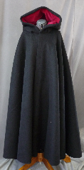 Cloak:2453, Cloak Style:Full Circle Cloak, Cloak Color:Black, Fiber / Weave:Heavy Felted Wool Melton (super soft), Cloak Clasp:Triple Medallion, Hood Lining:Cranberry Cotton Velveteen, Back Length:53", Neck Length:23", Seasons:Winter, Fall, Spring.