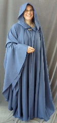 Cloak:2465, Cloak Style:Full Circle Cloak, Cloak Color:Stone Blue, Fiber / Weave:100% Wool Suiting, Cloak Clasp:Vale, Hood Lining:Unlined, Back Length:57", Neck Length:23", Seasons:Fall, Spring.