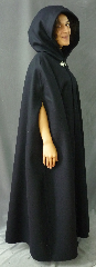 Cloak:2473, Cloak Style:Shaped Shoulder Cloak with arm slits, Cloak Color:Black, Fiber / Weave:Heavy Weight Felted Wool Melton, Cloak Clasp:Triple Medallion, Hood Lining:Slate Blue Cotton Velvet, Back Length:50", Neck Length:22.5", Seasons:Winter, Fall, Spring.