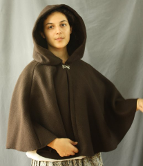 Cloak:2481, Cloak Style:Shaped Shoulder, Cloak Color:Brown, Fiber / Weave:100% Wool, Cloak Clasp:Plain Rope<br>Hook & Eye, Hood Lining:Unlined, Back Length:23", Neck Length:21", Seasons:Winter, Fall, Spring.