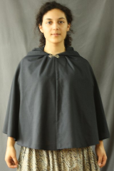 Cloak:2482, Cloak Style:Fuller Half circle, Cloak Color:Midnight Blue, Fiber / Weave:Tropical Weight Wool suiting, Cloak Clasp:Alpine Knot - Silvertone, Hood Lining:Unlined, Back Length:24.5", Neck Length:18.5", Seasons:Summer, Fall, Spring.