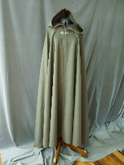 Cloak:2498, Cloak Style:Full Circle Cloak, Cloak Color:Sage Green, Fiber / Weave:Wool Melton, Cloak Clasp:Triple Medallion, Hood Lining:Loden Green Micro Fiber Twill Weave, Back Length:55", Neck Length:25", Seasons:Winter, Note:Dry Clean only.