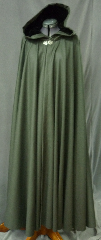 Cloak:2534, Cloak Style:Full Circle Cloak, Cloak Color:Dark Stone Green, Heathered with Black and Brown, Fiber / Weave:Heavy Gabardine, Cloak Clasp:Vale, Hood Lining:Black Silk Velvet, Back Length:54', Neck Length:22", Seasons:Spring, Fall.