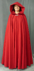 Cloak:2536, Cloak Style:Full Circle Cloak, Cloak Color:Madder Red, Fiber / Weave:80% Wool / 20% Nylon BrokenTwill Weave, Cloak Clasp:Triple Medallion, Hood Lining:Unlined, Back Length:55", Neck Length:23", Seasons:Winter, Fall, Spring.