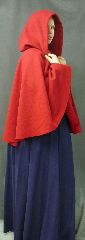 Cloak:2547, Cloak Style:Full Circle Short Cloak, Cloak Color:Madder Red, Fiber / Weave:80% Wool / 20% Nylon BrokenTwill Weave, Cloak Clasp:Plain Rope<br>Hook & Eye, Hood Lining:Unlined, Back Length:30", Neck Length:21", Seasons:Winter, Fall, Spring.