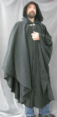 Cloak:2588, Cloak Style:Cape / Ruana extra long (35") over the shoulder, Cloak Color:Graphite, Fiber / Weave:Windpro Fleece, Cloak Clasp:Triple Medallion, Hood Lining:Self-lining, Back Length:53", Neck Length:25", Seasons:Southern Winter, Fall, Spring.