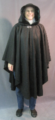 Cloak:2611, Cloak Style:Full Circle Cloak, Cloak Color:Black, Fiber / Weave:Midweight Wool Flannel, Cloak Clasp:Vale, Hood Lining:Emerald Crushed Polyester Velvet, Back Length:43", Neck Length:23", Seasons:Fall, Spring, Southern Winter.