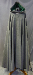 Cloak:2635, Cloak Style:Full Circle Cloak, Cloak Color:Grey, Fiber / Weave:75% Wool, 20% Cashmere, 5% Nylon, Cloak Clasp:Vale, Hood Lining:Forrest/Hunter Green Polyester Long Pile Velvet, Back Length:52", Neck Length:22", Seasons:Winter, Fall, Spring, Note:Dry Clean only.