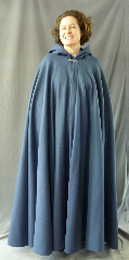 Cloak:2663, Cloak Style:Full Circle Cloak, Cloak Color:Colonial Blue, Fiber / Weave:Economy Fleece, Cloak Clasp:Vale, Hood Lining:Unlined, Back Length:54", Neck Length:22", Seasons:Fall, Spring, Note:Machine washable cold gentle, tumble dry low..