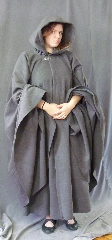 Cloak:2671, Cloak Style:Full Circle Cloak, Cloak Color:Grey, Fiber / Weave:Polyester Faux Wool, Cloak Clasp:Vale, Hood Lining:Unlined, Back Length:51", Neck Length:23", Seasons:Winter, Fall, Spring.