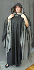 Cloak:2674, Cloak Style:Full Circle Cloak, Cloak Color:Heathered Black outside Heathered Grey inside, Fiber / Weave:Broken Twill Weave Wool, Cloak Clasp:Gothic Heart, Hood Lining:Unlined, Back Length:55", Neck Length:22.5", Seasons:Fall, Spring.