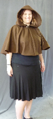 Cloak:2676, Cloak Style:Full Circle Short Cloak, Cloak Color:Brown, Fiber / Weave:Wool Blend, Cloak Clasp:Plain Rope<br>Hook & Eye, Hood Lining:Unlined, Back Length:22", Neck Length:21", Seasons:Winter, Fall, Spring.