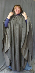 Cloak:2677, Cloak Style:Full Circle Cloak, Cloak Color:Dark Grey, Light Grey inside, Fiber / Weave:Denim Weave wool blend, Cloak Clasp:Vale, Hood Lining:Unlined, Back Length:57", Neck Length:21", Seasons:Fall, Spring.