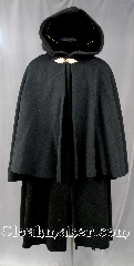 Cloak:2683, Cloak Style:Highwayman's Coat with Full Circle 31" Mantle<br>arm slits at shoulder, Cloak Color:Black, Fiber / Weave:Heavy Wool Melton Mantle<br>Heavy Brushed Felted Wool Melton Coat, Cloak Clasp:Red Elm, Hood Lining:Black Silk Velvet, Back Length:50", 31" Mantle, Neck Length:23", Seasons:Winter, Fall, Spring, Note:This Coachman / Highwayman / Statesman<br>coat features a full circle mantle<br>arm openings at the shoulder<br>and a split in the back to aid in movement.<br>Features a Red Elm hook and eye clasp..