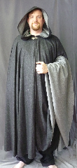 Cloak:2694, Cloak Style:Full Circle Cloak, Cloak Color:Heathered Black outside Heathered Grey inside, Fiber / Weave:Broken Twill Weave Wool, Cloak Clasp:Vale, Hood Lining:Unlined, Back Length:55", Neck Length:20", Seasons:Fall, Spring.