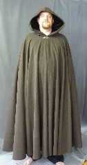 Cloak:2696, Cloak Style:Full Circle Cloak, Cloak Color:Heathered Brown Black, Fiber / Weave:Basket Weave Wool, Cloak Clasp:Vale, Hood Lining:Black Silk Velvet, Back Length:56", Neck Length:20", Seasons:Spring, Fall, Southern Winter.