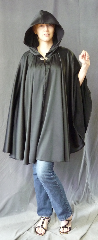 Cloak:2704, Cloak Style:Full Circle Cloak, Cloak Color:Black, Fiber / Weave:Polyester Satin, Cloak Clasp:Alpine Knot - Silvertone, Hood Lining:Unlined, Back Length:36", Neck Length:20", Seasons:Summer, Spring, Fall.