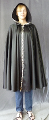 Cloak:2707, Cloak Style:Full Circle Cloak with Black/Silver Scrollwork Trim, Cloak Color:Black, Fiber / Weave:Polyester Satin, Cloak Clasp:Plain Rope<br>Hook & Eye, Hood Lining:Unlined, Back Length:44", Neck Length:19.5", Seasons:Spring, Fall, Summer.