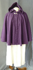 Cloak:2708, Cloak Style:Full Circle Short Cloak, Cloak Color:Grape, Fiber / Weave:Corded Wool 50%, Cloak Clasp:Alpine Knot - Silvertone, Hood Lining:Unlined, Back Length:26", Neck Length:20", Seasons:Spring, Fall, Southern Winter.