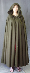 Cloak:2730, Cloak Style:Full Circle Cloak, Cloak Color:Dark Olive Green, Fiber / Weave:Wool Gabardine, Cloak Clasp:Vale, Hood Lining:Unlined, Back Length:54", Neck Length:22", Seasons:Fall, Spring, Summer.