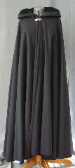 Cloak:2740, Cloak Style:Full Circle Cloak, Cloak Color:Black, Fiber / Weave:80/20 Wool Blend, Cloak Clasp:Vale, Hood Lining:Dark Green Silk Velvet, Back Length:53", Neck Length:21.5", Seasons:Winter, Fall, Spring.