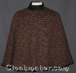 Cloak:3253, Cloak Style:Shaped Shoulder Short with Collar, Cloak Color:Black, Grey, Rust, Red, Fiber / Weave:100% Wool basket weave outer<br>with cotton poly blend lining., Cloak Clasp:Black buttons and snap, Hood Lining:N/A Black collar, Back Length:27", Neck Length:21", Seasons:Winter, Southern Winter, Fall, Spring, Note:This sophisticated shape shoulder cloak<br>harkens back to the age<br>of 1950-1960 high fashion.<br>Made of a 100% wool basket weave<br>in Black, Grey, Rust, Red, with a<br>cotton poly blend inner lining<br>for warmth during bitter winter events.<br>The black collar is secured by two<br>black shank buttons and loops<br>with a hidden snap for  extra security.<br>Dry clean only..
