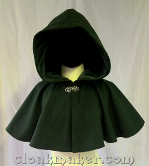 Cloak:3605, Cloak Style:Full Circle Cloak, Cloak Color:Dark Pine Green, Fiber / Weave:80% wool,<br> 20% nylon, Cloak Clasp:Vale, Hood Lining:Green cotton velveteen, Back Length:14.5", Neck Length:18", Seasons:Spring, Fall, Southern Winter, Winter.