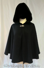 Cloak:3606, Cloak Style:Full Circle Cloak, Cloak Color:Black twill, Fiber / Weave:80% wool,<br> 20% nylon, Cloak Clasp:Vale, Hood Lining:Unlined, Back Length:27", Neck Length:21", Seasons:Spring, Fall, Southern Winter.