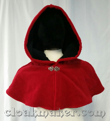 Cloak:3660, Cloak Style:Shaped Shoulder Cloak, Cloak Color:Red, Fiber / Weave:Windbloc Fleece<br>from Malden Mills, Cloak Clasp:Vale, Hood Lining:self lining black, Back Length:12", Neck Length:21", Seasons:Southern Winter, Winter, Note:This red shaped shoulder cloak is<br>made from Windbloc Fleece and<br>is self lined with black.<br>Wind blocking fleece material,<br>machine wash cold using mild<br>detergent and tumble dry on low..