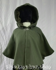 Cloak:3668, Cloak Style:Shaped Shoulder Cloak, Cloak Color:Olive Green, Fiber / Weave:100% wool, Cloak Clasp:Vale, Hood Lining:Brown velvet, Back Length:22", Neck Length:21", Seasons:Winter, Southern Winter, Fall, Spring, Note:An olive green shaped shoulder cloak<br>with a brown velvet hood lining.<br>Made from felted wool melton,<br>has some decent wind resistance<br>and is soft to the touch.<br>Made from 100% wool, dry clean only..