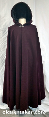 Cloak:3692, Cloak Style:Full Circle Cloak, Cloak Color:Burgundy Wine, Fiber / Weave:100% wool, Cloak Clasp:Vale, Hood Lining:Black crushed velvet, Back Length:52", Neck Length:22", Seasons:Spring, Fall, Southern Winter, Note:A burgundy wine colored full circle<br>cloak with a silvertone vale clasp<br>and a black crushed<br>velvet hood lining.<br>100% wool, dry clean only..