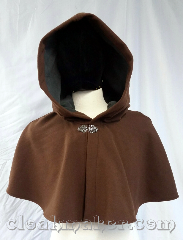 Cloak:3715, Cloak Style:Shaped Shoulder Cloak, Cloak Color:Chocolate brown twill, Fiber / Weave:80% wool, 20% nylon, Cloak Clasp:Vale, Hood Lining:Green polyester moleskin, Back Length:14", Neck Length:24", Seasons:Winter, Southern Winter, Spring, Fall, Note:This chocolate brown twill<br>shaped shoulder cloak<br>is made from a wool blend and has<br>a green polyester moleskin hood lining.<br>Closes with a silvertone vale clasp.<br>Dry clean only..