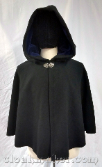 Cloak:3730, Cloak Style:Shaped Shoulder Cloak, Cloak Color:Black, Fiber / Weave:80% wool, 20% nylon, Cloak Clasp:Vale, Hood Lining:Blue velveteen, Back Length:25", Neck Length:20", Seasons:Winter, Southern Winter, Fall, Spring, Note:A black shaped shoulder cloak with a<br>blue velveteen hood lining<br>and a silvertone vale clasp.<br>Made from a wool blend,<br>spot or dry clean only..