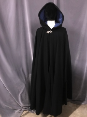 Cloak:3841, Cloak Style:50"-55" Circle Cloak, Cloak Color:Black, Fiber / Weave:Partially Felted Plainweave 100% Wool Coating, Cloak Clasp:Triple Medallion, Hood Lining:Light Blue Cotton Velveteen, Back Length:54", Neck Length:23", Seasons:Fall, Southern Winter.