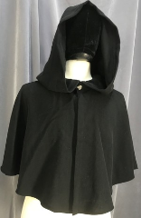 Cloak:3845, Cloak Style:Shaped Shoulder, Cloak Color:Black, Fiber / Weave:Washed 100% Wool, twill weave, Cloak Clasp:petite nordic heart, pewter, Hood Lining:unlined, Back Length:21", Neck Length:20", Seasons:Summer, Fall, Spring.