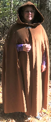 Cloak:3869, Cloak Style:Shaped Shoulder, Cloak Color:Carmel Bronze Brown, Fiber / Weave:100% Wool - like 2647, Cloak Clasp:Triple Medallion, Hood Lining:Blue Velveteen, Back Length:49", Neck Length:22", Seasons:Southern Winter,
Winter,
Fall,
Spring, Note:Dignified and noteworthy, this<br>Shaped Shoulder Cloak has arm slits.