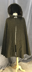Cloak:3878, Cloak Style:Full Circle Cloak, Ranger, Cloak Color:Heathered Green with tones of Brown, Fiber / Weave:Wool blend,<br>breathable partly felted, Cloak Clasp:Triple Medallion, Hood Lining:Brown Moleskin, Back Length:44", Neck Length:21", Seasons:Southern Winter, 
Winter, 
Fall,
Spring, Note:Breathable wool blend will take you<br>through many seasons depending<br>on what you layer 
under it.<br>Expecially suitable for Ranger<br>(don't wear it during hunting season!)<br>This cloak features four pockets<br>on the inside front facing.