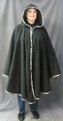 Cloak:CC125, Cloak Style:Cape / Ruana, Cloak Color:Black with Multi-color edge binding, Fiber / Weave:Windpro Fleece with Crushed Polyester Lycra Velvet edge binding, Cloak Clasp:ornate Chinese Knotwork Black Frog Closure, Hood Lining:Self-lining, Back Length:45", Neck Length:23", Seasons:Winter, Fall, Spring.