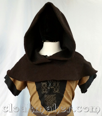 Cloak:H143, Cloak Style:Regular Hood, Cloak Color:Brown novelty weave, Fiber / Weave:80% wool, 20% nylon, Hood Lining:unlined, Back Length:9", Neck Length:L - neck 26", Seasons:Spring, Fall, Note:This small shaped shoulder hood is<br>made from a wool blend and has a<br>brown novelty weave pattern, almost a<br>twill with hints of black throughout.<br>Dry clean only. 26" neck hole.<br>Pictured on tunic J575,<br>tunic not included..
