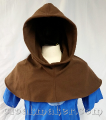 Cloak:H144, Cloak Style:Regular Hood, Cloak Color:Chocolate brown twill, Fiber / Weave:80% wool, 20% nylon, Hood Lining:unlined, Back Length:10", Neck Length:M - neck 24", Seasons:Southern Winter, Fall, Note:This hood is made from a wool blend in<br>milk chocolate colored twill fabric.<br>Dry clean only. 24" neck hole.<br>Pictured on tunic J501,<br>tunic not included..