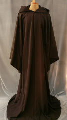 Robe:R121, Robe Style:Qui Gon Robe, Robe Color:Dark Brown, Front/Collar:Hooded with Brown cloth-covered hook and eye, Approx. Size:L to XXL, Fiber:Plush Wool Coating, Neck:Up to 19", Neck Length:25", Sleeve:37", Chest:Fits up to 50", (54"), Length:68.5", Height:Up to 6'6".