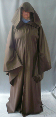 Robe:R125, Robe Style:Qui Gon Robe, Robe Color:Dark Brown, Front/Collar:Hooded with Brown cloth-covered hook and eye, Approx. Size:L to XXL, Fiber:Wool Flannel, Neck:Up to 16.5", Neck Length:21", Sleeve:37", Chest:Fits up to 48", (52"), Length:60", Height:Up to 5'11".