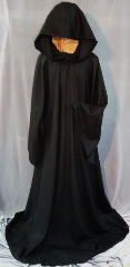 Robe:R139, Robe Style:Anakin Episode III near the end Robe, Robe Color:Black, Front/Collar:Hooded with Black cloth-covered hook and eye, Approx. Size:L to XL, Fiber:Wool Flannel, Neck:Up to 19", Neck Length:24", Sleeve:37", Chest:Fits up to 54" (58"), Length:70", Height:Up to 6'8".