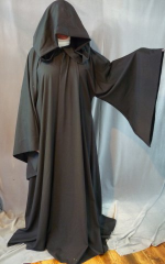 Robe:R149, Robe Style:Black Anakin Episode III near the end Robe, Robe Color:Black, Front/Collar:Hooded with Black cloth-covered hook and eye, Approx. Size:XL to XXXL, Fiber:Fine Worsted Suiting Wool, Neck:Up to 19", Neck Length:23", Sleeve:38", Chest:Fits up to 62" (66"), Length:66", Height:Up to 6'6".