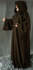 Robe:R154, Robe Style:Jedi Robe Episode I Obi-Wan, Robe Color:Brown, Front/Collar:Hooded with Brown cloth-covered hook and eye, Approx. Size:XXL to XXXXL, Fiber:Basket Weave Textured Wool, Neck:Up to 21", Neck Length:25", Sleeve:42", Chest:Fits up to 75" (80"), Length:70", Height:Up to 6'10".