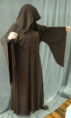 Robe:R156, Robe Style:Qui Gon Robe, Robe Color:Dark Brown, Front/Collar:Hooded with Brown cloth-covered hook and eye, Approx. Size:M to XL, Fiber:Worsted Wool Crepe, Hand Washable, Neck Length:20", Sleeve:33", Chest:Fits up to 45" (50"), Length:57", Height:Up to 5'7".