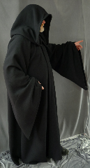 Robe:R157, Robe Style:Emperor Palpatine / Darth Sidious Outer Robe, Robe Color:Black, Front/Collar:Hooded with Black enamel painted pewter clasp, Approx. Size:M to XXL, Fiber:Midweight woven wool with texture, Neck:Up to 18", Neck Length:22", Sleeve:36" (adjustable 3" each way), Chest:Fits up to 66" (70"), Length:59", Height:5'10".