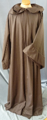 Robe:R184, Robe Style:Qui Gon Robe, Robe Color:Brown, Front/Collar:Hooded with Brown cloth-covered hook and eye, Approx. Size:M to XL, Fiber:Wool Flannel, Neck:21", Sleeve:33", Chest:48", Length:65", Height:Up to 6' 3".
